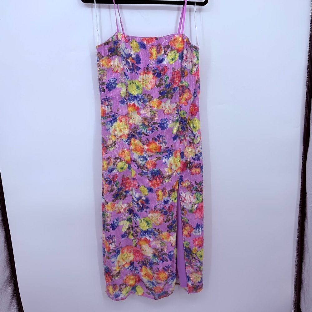 Lulus Floral Sequin Midi Dress Pink Purple Floral Spaghetti Strap Party Dress M